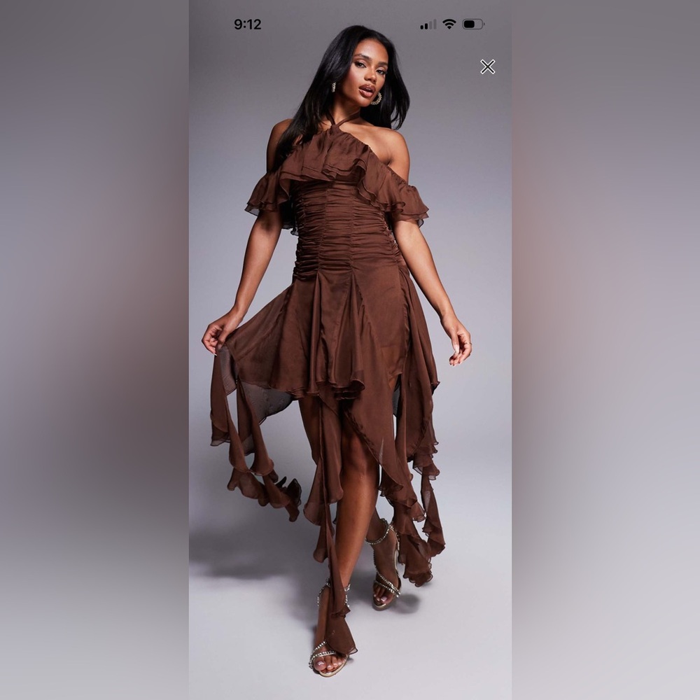 ASOS LUXE Halterneck Chiffon Romper with Ruffle Detail in Chocolate